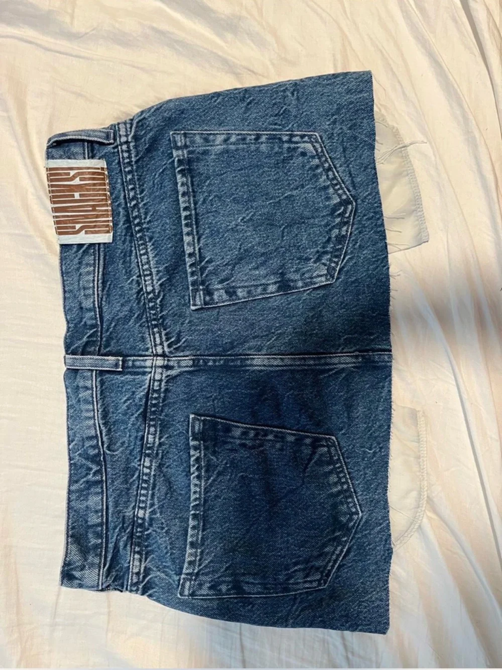 MOTHER SNACKS! The Fun Dip Micro Cut Denim Mini Skirt 31 Raw Hem Exposed Pockets